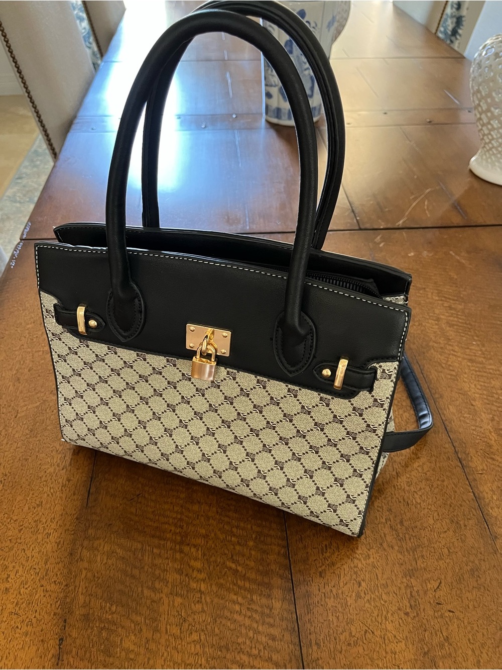 Black and Cream Patterned Satchel Handbag